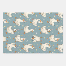 Silly Goose Party – Blue Background with Feathers Inpakpapier Vel