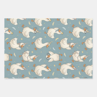 Silly Goose Party – Blue Background with Feathers Inpakpapier Vel