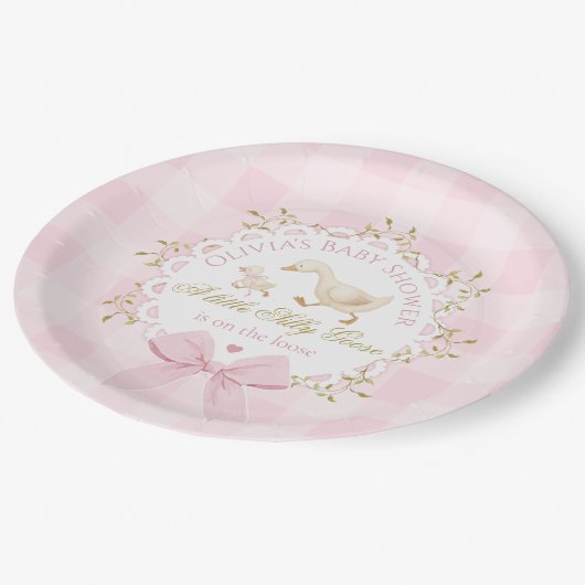 Silly Goose Pink Gingham Bow Baby Shower Papieren Bordje (Gekanteld)
