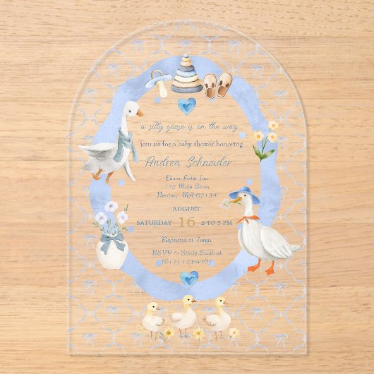 Silly Goose Whimsical Bow Baby Boy Shower Acryl Uitnodigingen (Voorkant)