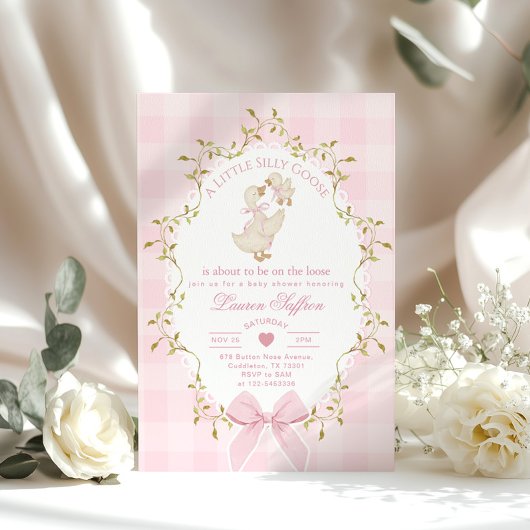 Silly Goose Whimsical Pink Bow Baby Shower Kaart