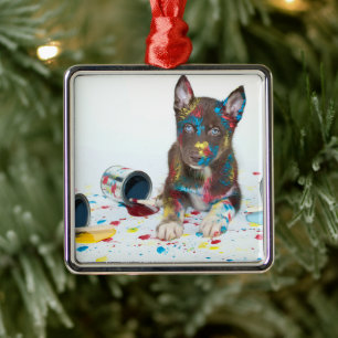 Silly Husky Puppy got into Paint Buckets Metalen Ornament