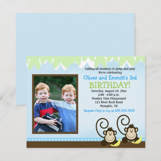 Silly Monkey Twins Photo Anniversaire Invitation (Devant / Derrière)