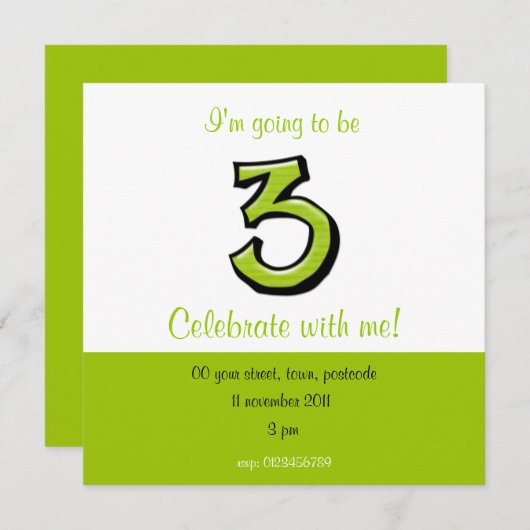 Silly Number 3 green Birthday Invitation (Devant / Derrière)