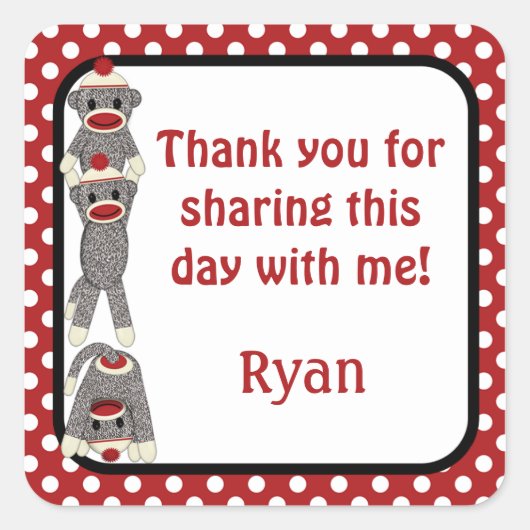 Silly SOCK MONKEY Anniversaire carré sticker SMR. (Devant)