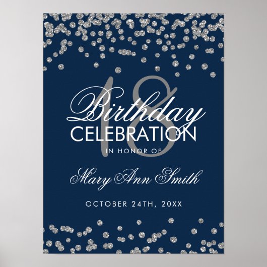 Silver 18th Birthday Faux Glitter Confetti Navy Poster (Voorkant)