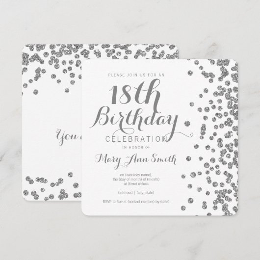 Silver 18th Birthday Faux Glitter Confetti White Kaart (Voorkant / Achterkant)