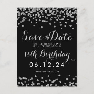 Silver 18th Birthday Save Date Confetti Black Aankondigingskaart
