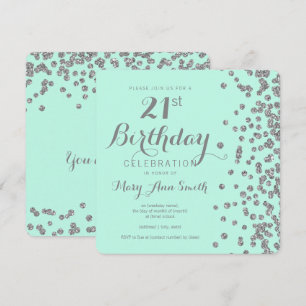 Silver 21st Birthday Faux Glitter Confetti Mint Kaart