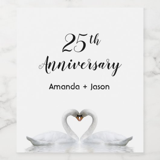 Silver 25th bruiloft blanke zwanen liefde wijn etiket (Enkel label)