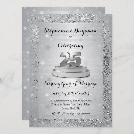 Silver 25th Wedding Jubileum Glitter Elegant in Kaart (Voorkant / Achterkant)