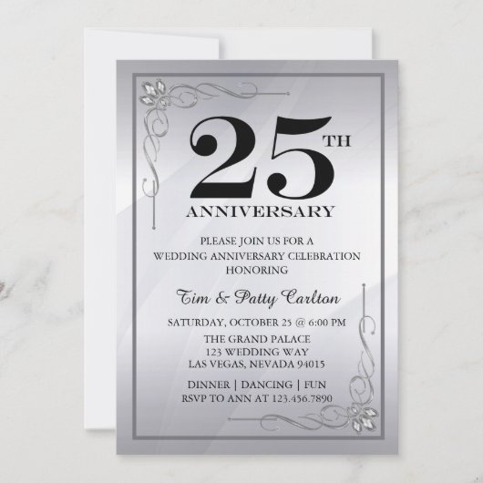 Silver 25th Wedding Jubileum Party Invitation Kaart (Voorkant)
