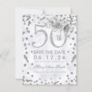 Silver 50th Birthday Glam Lights Marble Save The Date