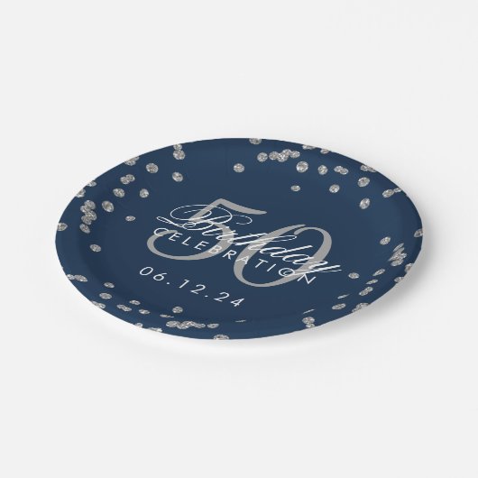 Silver 50th Birthday Glitter Confetti Navy Blue Papieren Bordje (Gekanteld)