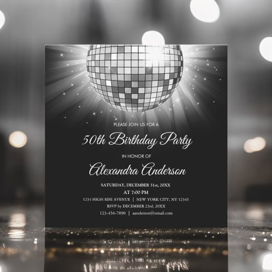 Silver 50th Birthday Party Silver Disco Ball Kaart