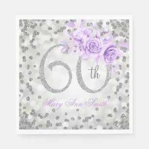 Silver 60th Birthday Floral Glam Lights Paars  Servet