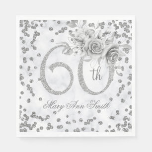 Silver 60th Birthday Floral Glam Marble Servet