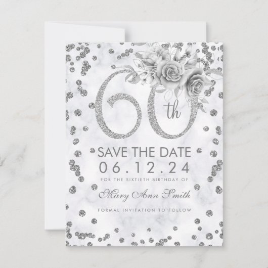 Silver 60th Birthday Glam Marble Save The Date (Voorkant)