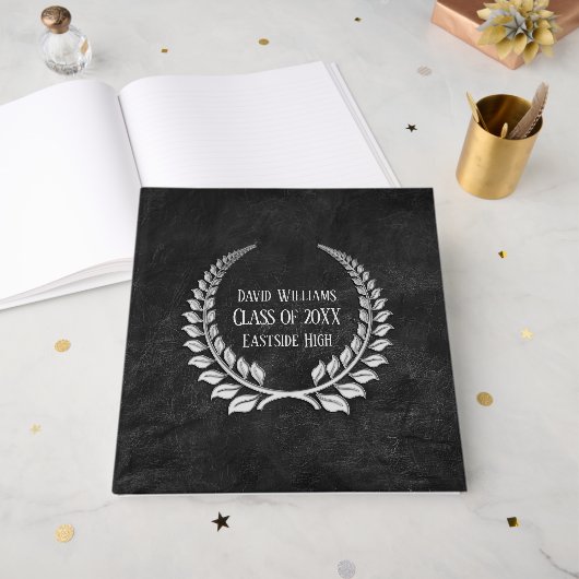 Silver Afstuderen Laurel op zwart leder Gastenboek (Voorkant open)