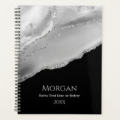 Silver Agate & Glitter, Naam & Tekstlijn op Zwart Planner (Voorkant)