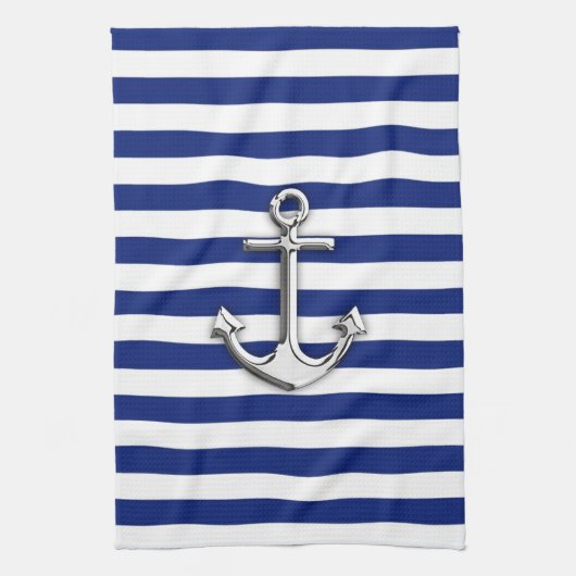 Silver Anchor op Navy Blue Stripes Theedoek (Verticaal)