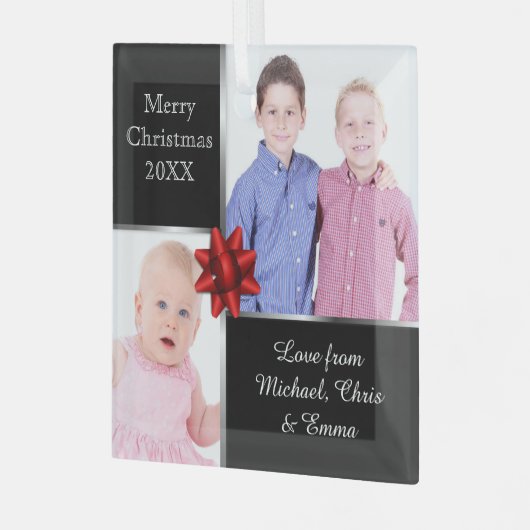 Silver and Black Custom Photo Personalised  Glas Ornament (Voorkant links)