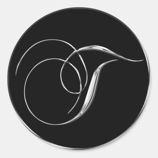 Silver and Black Formal Wedding Monogram T Seal Ronde Sticker (Voorkant)