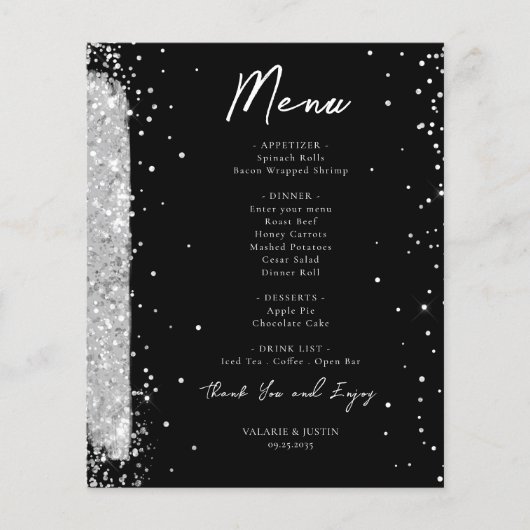 Silver and Black Glitter Wedding Menu Flyer (Voorkant)