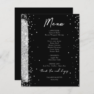 Silver and Black Glitter Wedding Menu Flyer