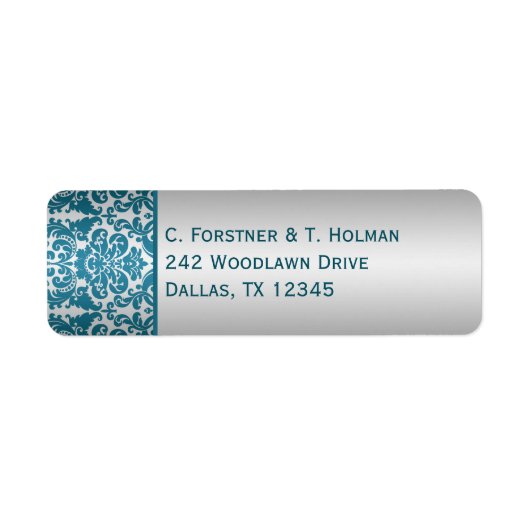 Silver and Blauwgroen Damask Return Address Label (Voorkant)