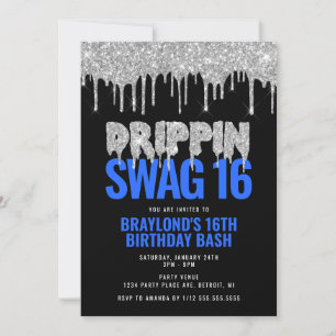 Silver and Blue Drippin Swag 16 Birthday Kaart