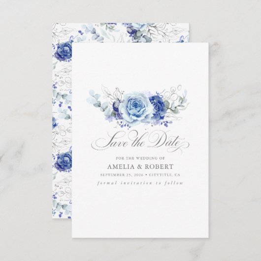 Silver and Dusty Blue Floral Save the Date (Devant / Derrière)