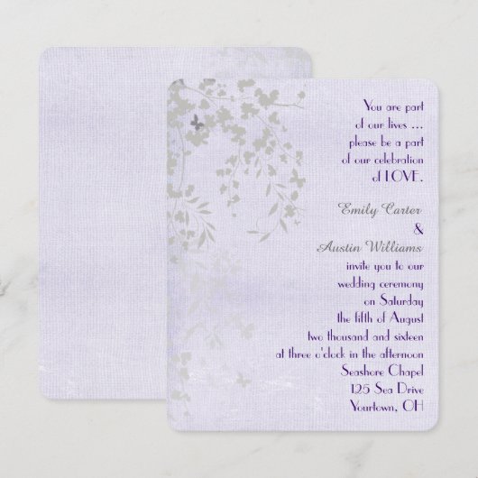 Silver and Paars Wedding Butterflies Kaart (Voorkant / Achterkant)