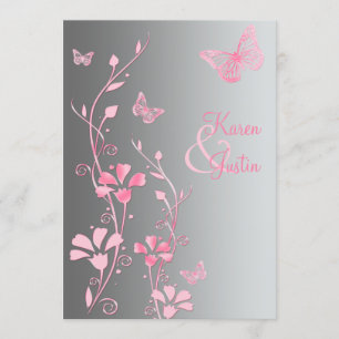 Silver and Pink Butterflies Wedding Kaart