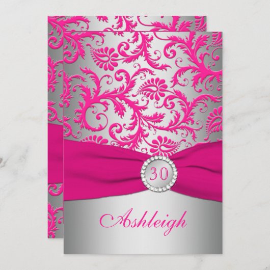 Silver and Pink Damask 30th Birthday Invitation Kaart (Voorkant / Achterkant)