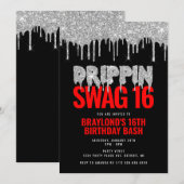 Silver and Red Drippin Swag 16 Birthday Kaart (Voorkant / Achterkant)