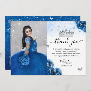 Silver and Royal Blue Quinceañera Foto van Birthda Bedankkaart