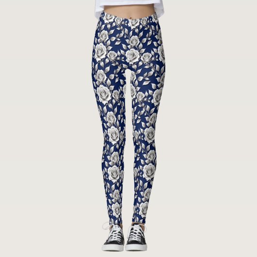 Silver And White Roses Leggings (Voorkant)