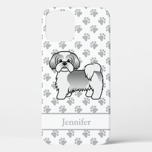 Silver and White Shih Tzu Cartoon Dog & Name Case-Mate iPhone Case (Achterkant)