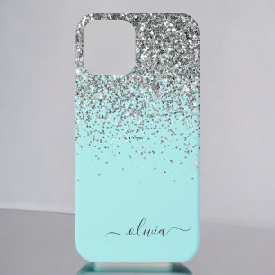 Silver Aqua Blauwgroen Blue Girly Glitter Monogram iPhone 12 Hoesje