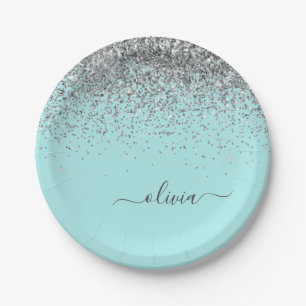 Silver Aqua Blauwgroen Blue Girly Glitter Monogram Papieren Bordje