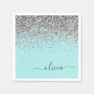 Silver Aqua Blauwgroen Blue Girly Glitter Monogram Servet