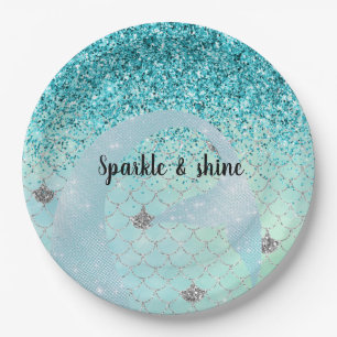 Silver Aqua Glitter Zeemeermin Waterverf Papieren Bordje