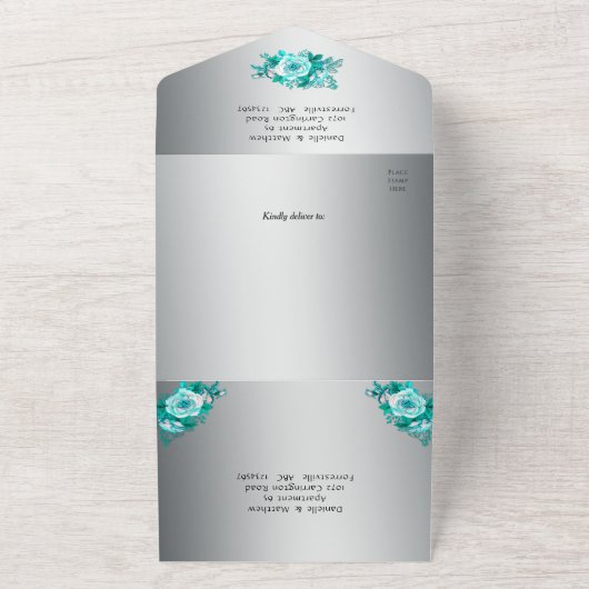 Silver Aqua Roos Alles in een bruiloft uitnodiging (Buitenkant)