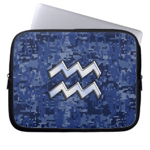 Silver Aquarius Zodiac Sign Navy Blue Digital Camo Laptop Sleeve