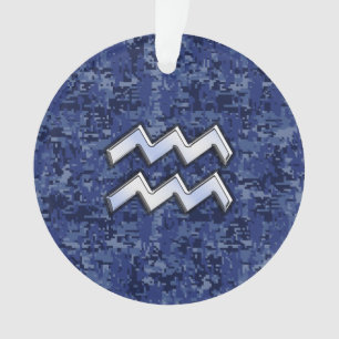 Silver Aquarius Zodiac Sign Navy Blue Digital Camo Ornament