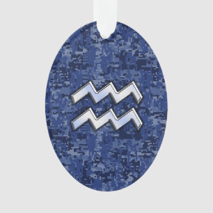 Silver Aquarius Zodiac Sign Navy Blue Digital Camo Ornament