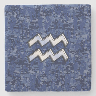 Silver Aquarius Zodiac Sign Navy Blue Digital Camo Stenen Onderzetter