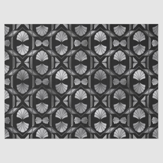 Silver Art Deco Shells op Black Decoupage Tissuepapier (Voorkant)