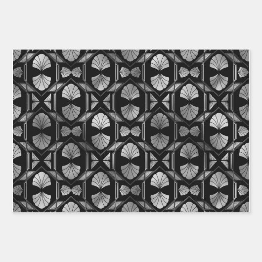 Silver Art Deco Shells op Black Inpakpapier Vel (Voorkant 2)